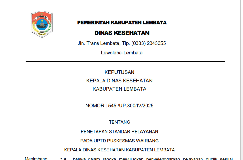 Standar Pelayanan UPTD Puskesmas Wairiang